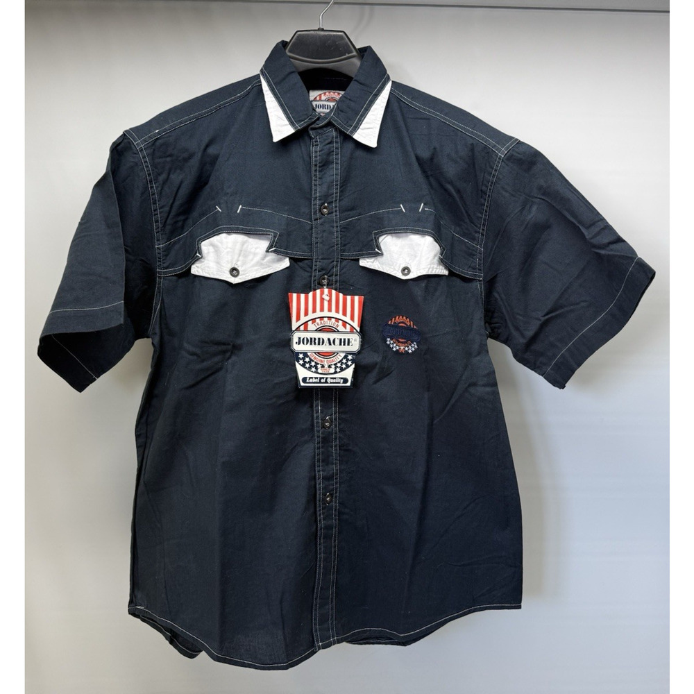 Vintage JORDACHE Men's Large Navy Cotton Short Sleeve Button Front Shirt NOS